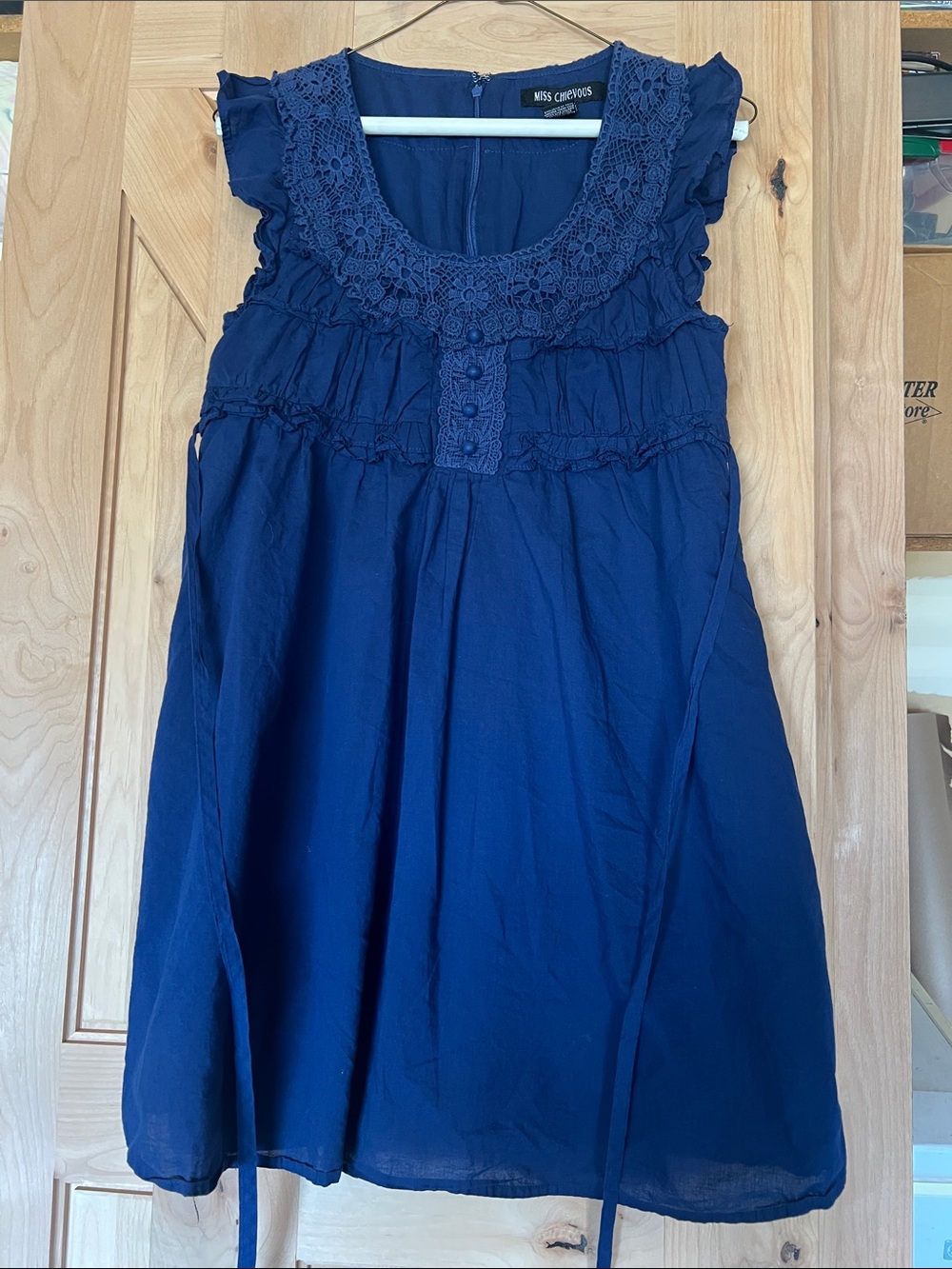 Miss Chievous Navy Crochet Yoke Ruffle Sleeve Dress